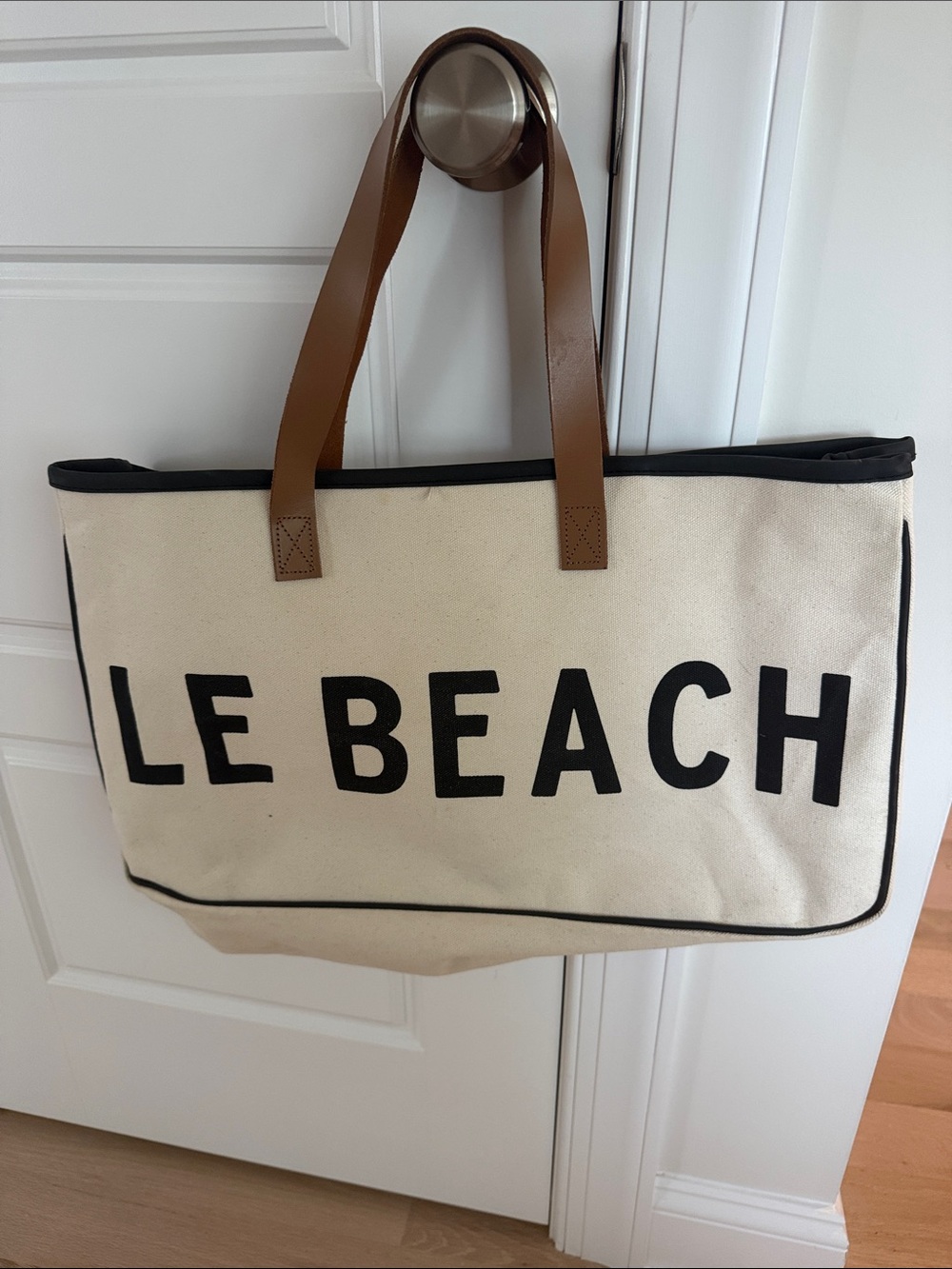 Canvas Tote Bag with Brown Handles - LE BEACH